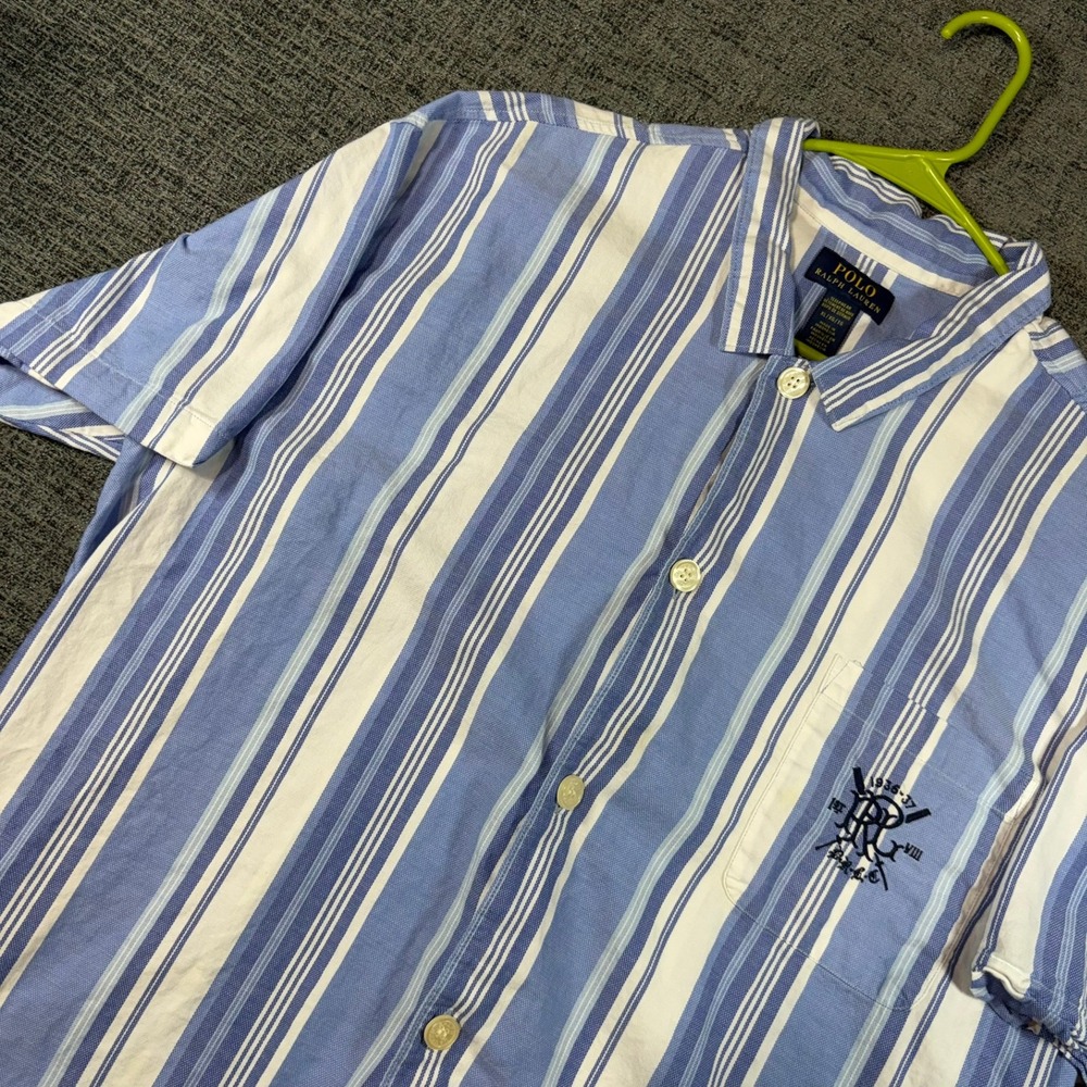 Polo Ralph Lauren Sleepwear Shirt XL Blue White Striped Embroidered Crest Logo